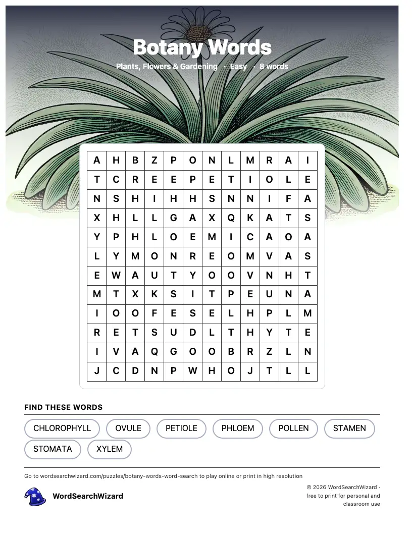 Botany Words word search printable sheet, 8 words to find