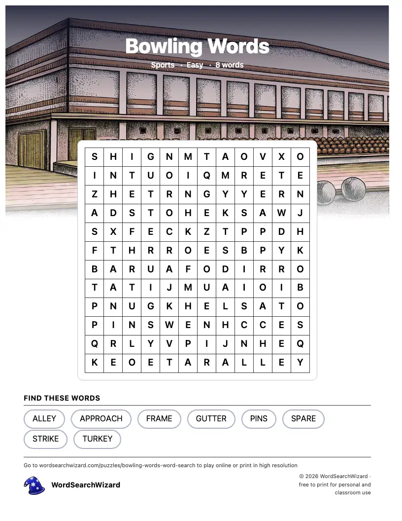 Bowling Words word search printable sheet, 8 words to find