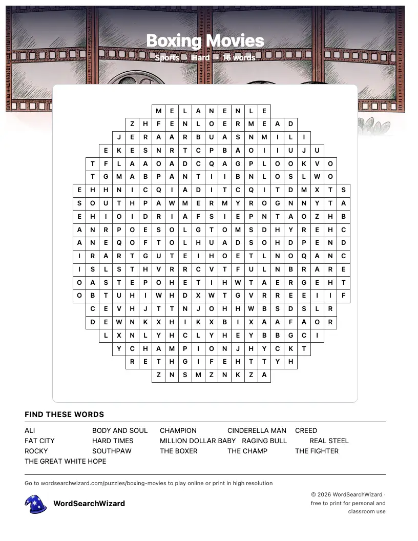 Boxing Movies word search printable sheet, 16 words to find