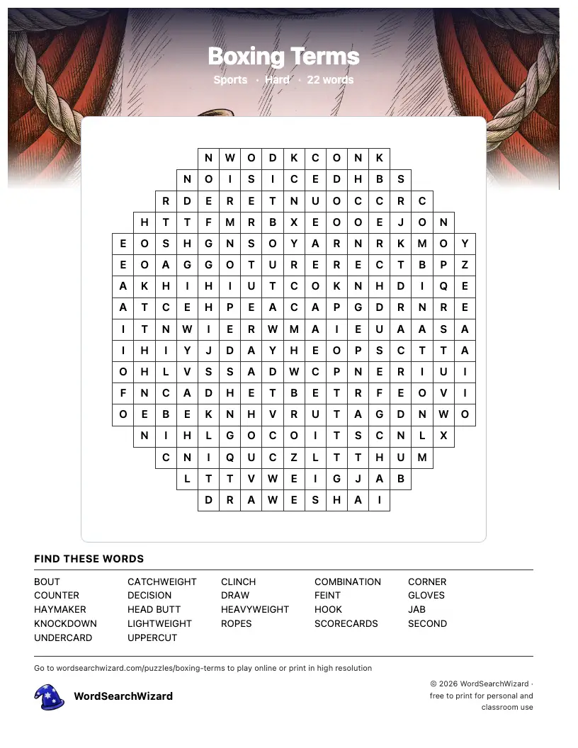 Boxing Terms word search printable sheet, 22 words to find