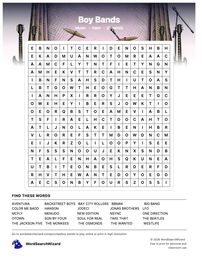 Boy Bands word search printable sheet, 25 words to find