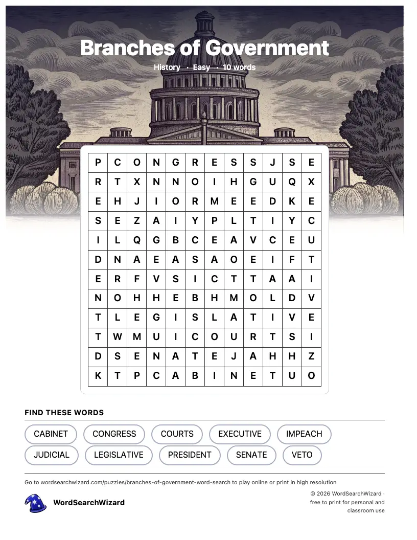 Branches of Government word search printable sheet, 10 words to find