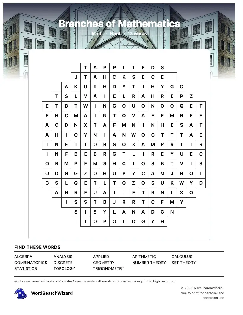 Branches of Mathematics word search printable sheet, 13 words to find