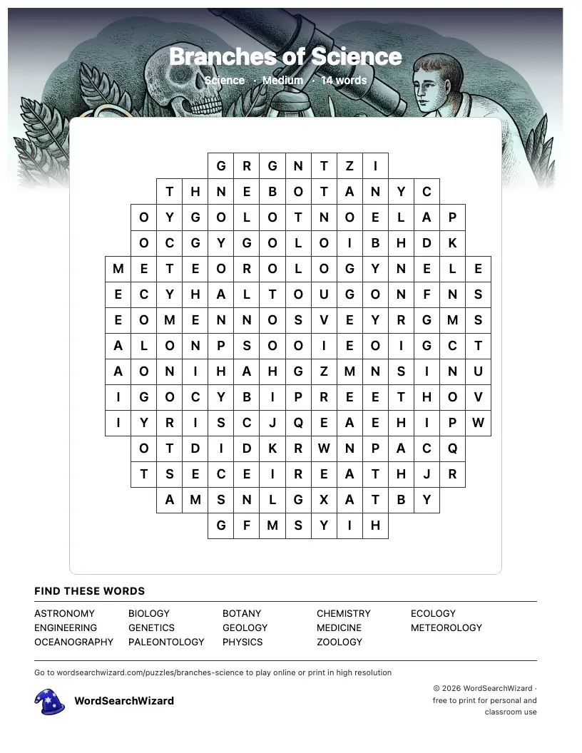 Branches of Science word search printable sheet, 14 words to find