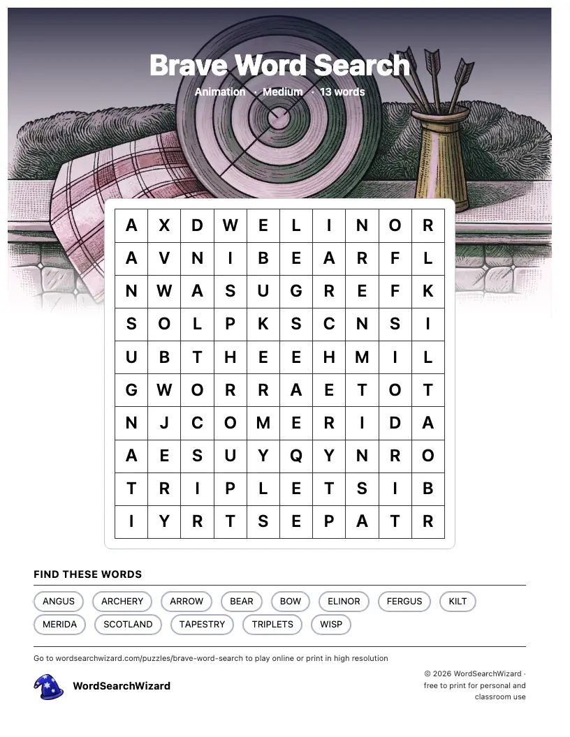 Brave word search printable sheet, 13 words to find