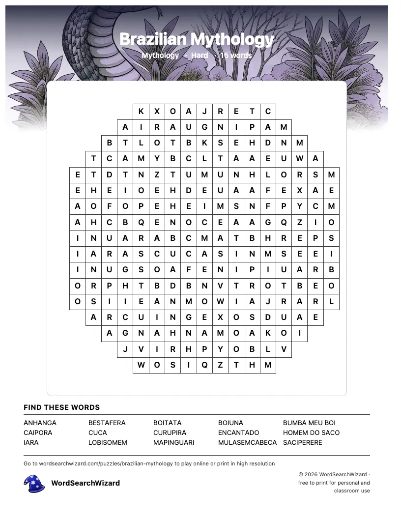Brazilian Mythology word search printable sheet, 15 words to find