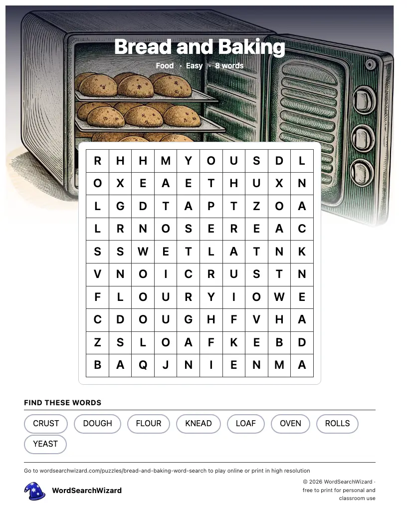 Bread and Baking word search printable sheet, 8 words to find