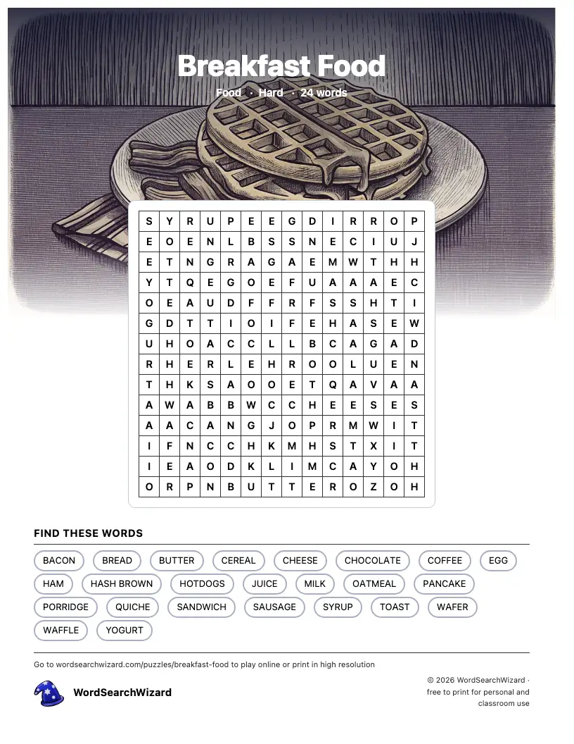 Breakfast Food word search printable sheet, 24 words to find