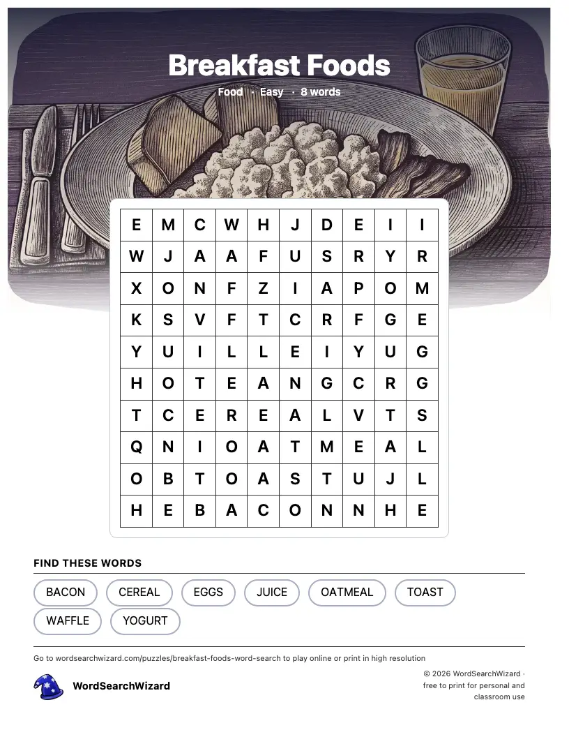Breakfast Foods word search printable sheet, 8 words to find