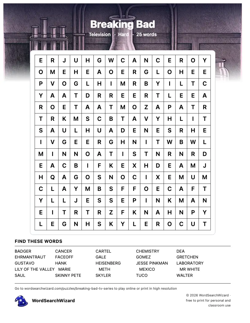 Breaking Bad word search printable sheet, 25 words to find