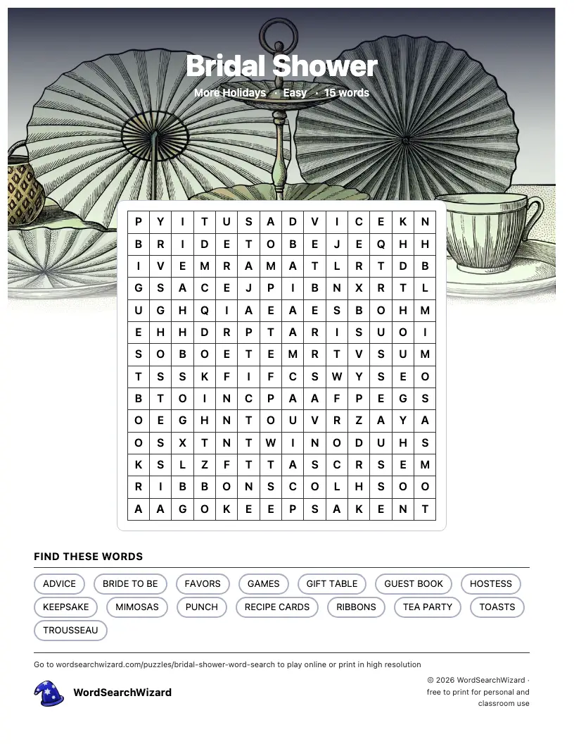 Bridal Shower word search printable sheet, 15 words to find