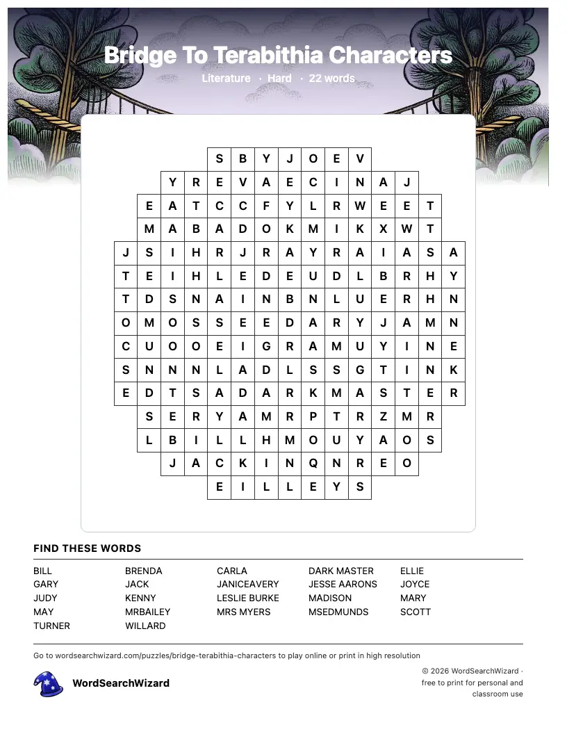 Bridge To Terabithia Characters word search printable sheet, 22 words to find