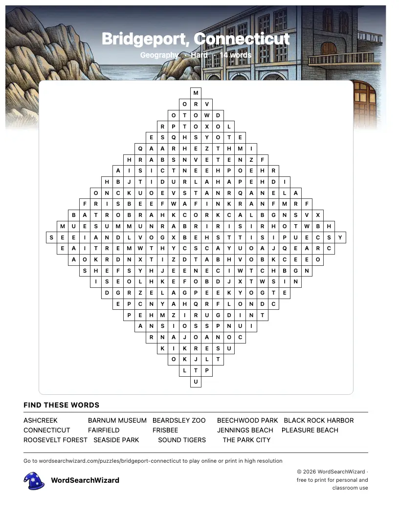 Bridgeport, Connecticut word search printable sheet, 14 words to find