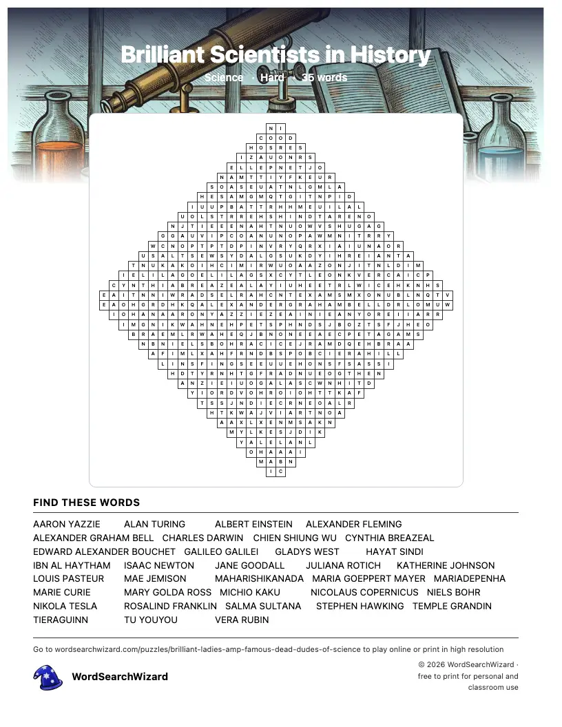 Brilliant Scientists in History word search printable sheet, 35 words to find