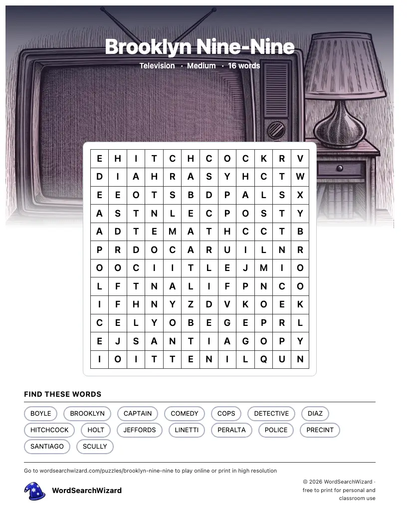 Brooklyn Nine-Nine word search printable sheet, 16 words to find