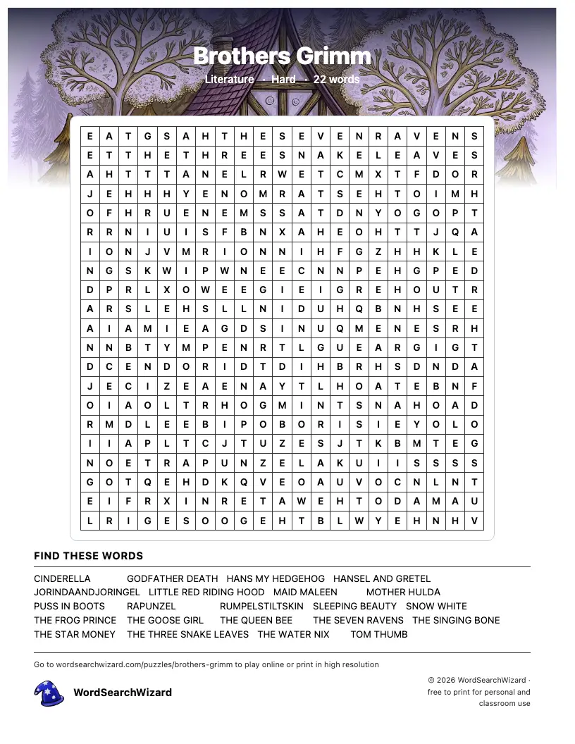 Brothers Grimm word search printable sheet, 22 words to find