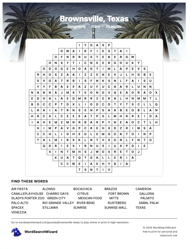 Brownsville, Texas word search printable sheet, 26 words to find