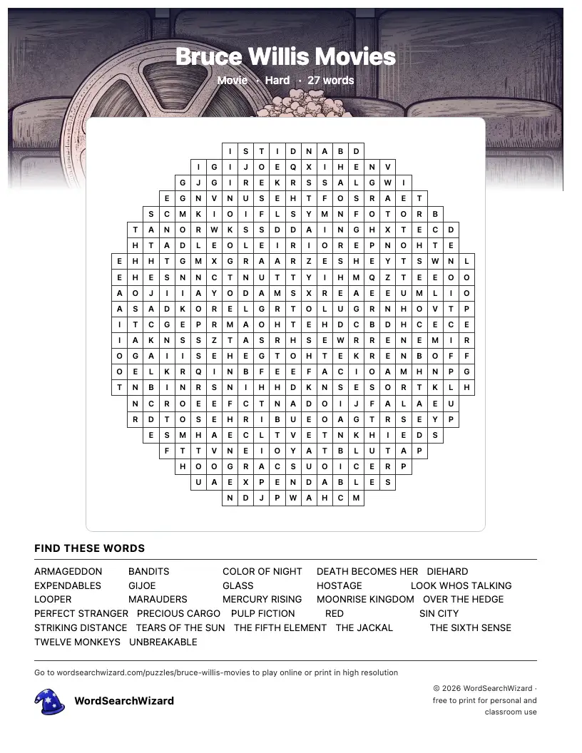 Bruce Willis Movies word search printable sheet, 27 words to find