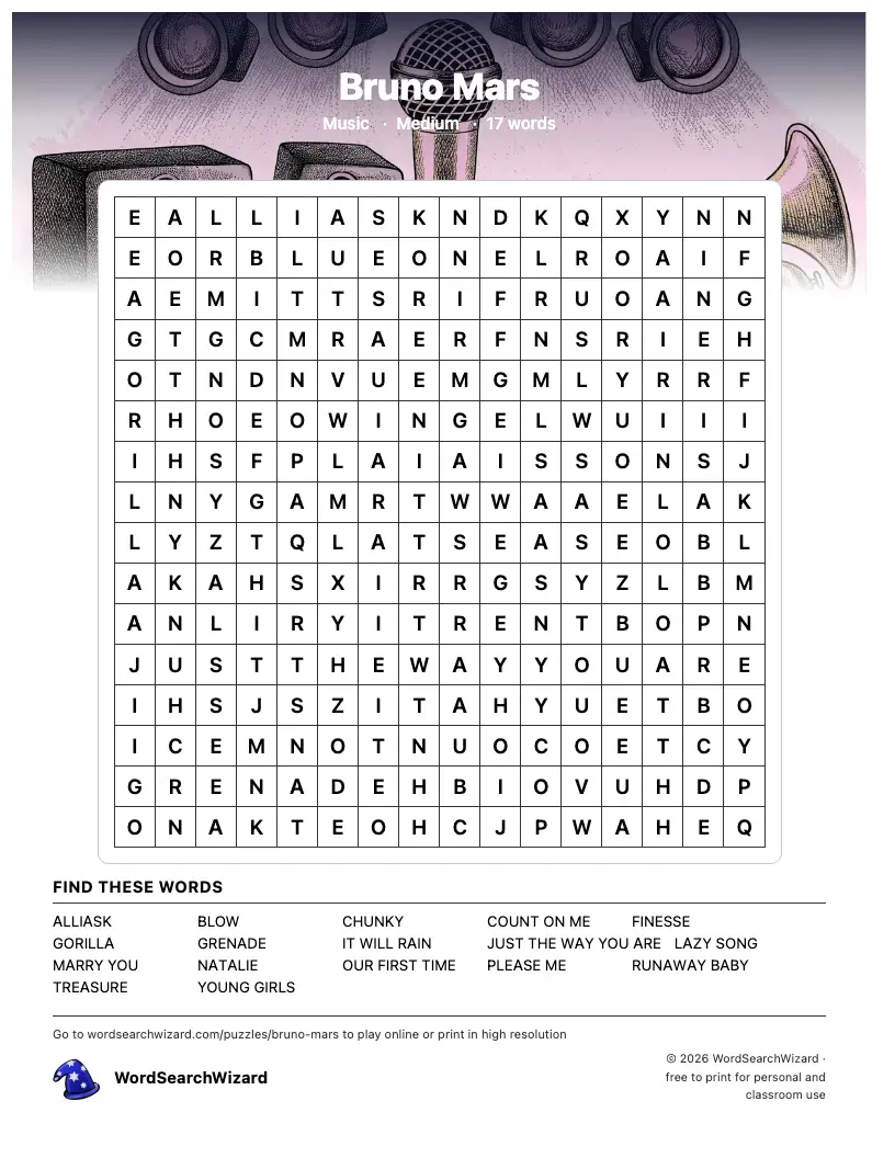 Bruno Mars word search printable sheet, 17 words to find