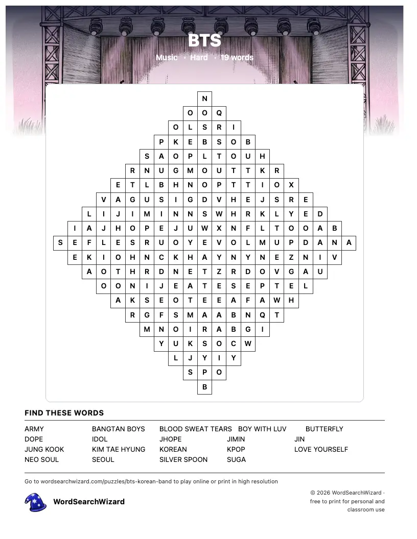 BTS word search printable sheet, 19 words to find