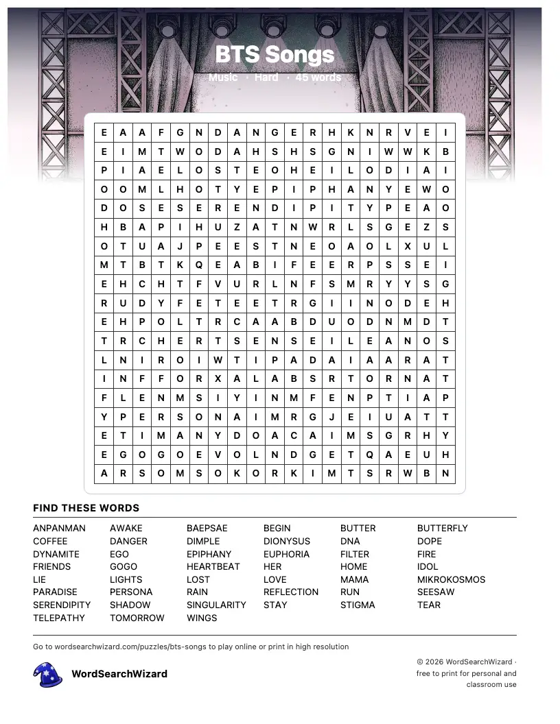 BTS Songs word search printable sheet, 45 words to find