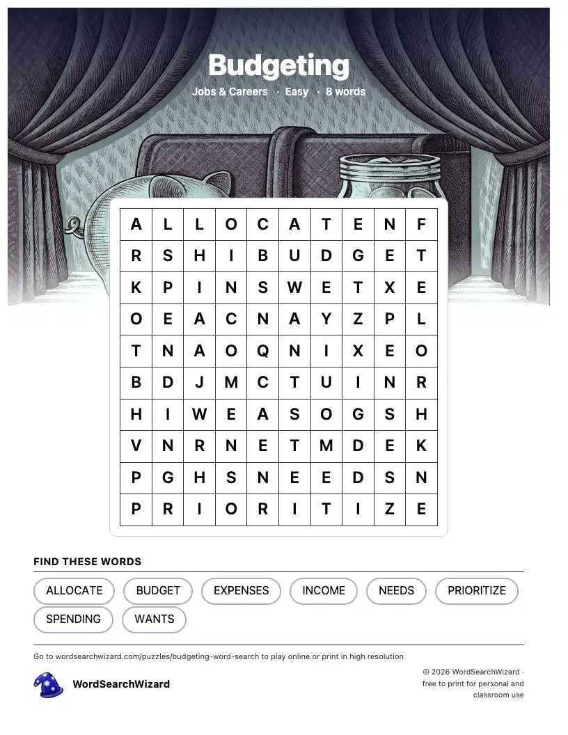 Budgeting word search printable sheet, 8 words to find