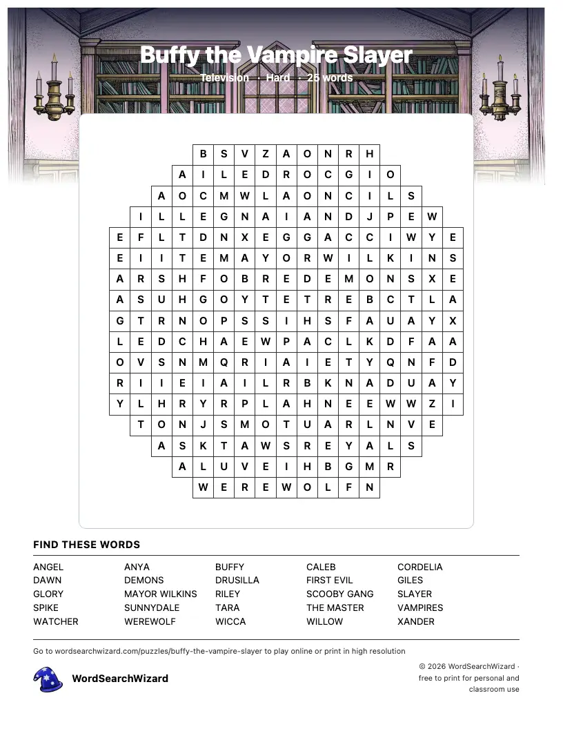 Buffy the Vampire Slayer word search printable sheet, 25 words to find