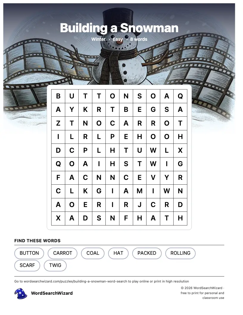 Building a Snowman word search printable sheet, 8 words to find