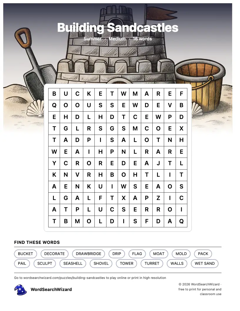 Building Sandcastles word search printable sheet, 16 words to find