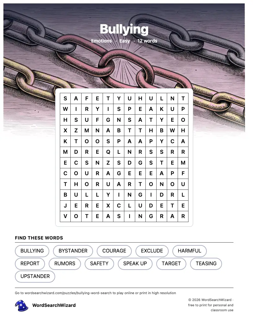 Bullying word search printable sheet, 12 words to find
