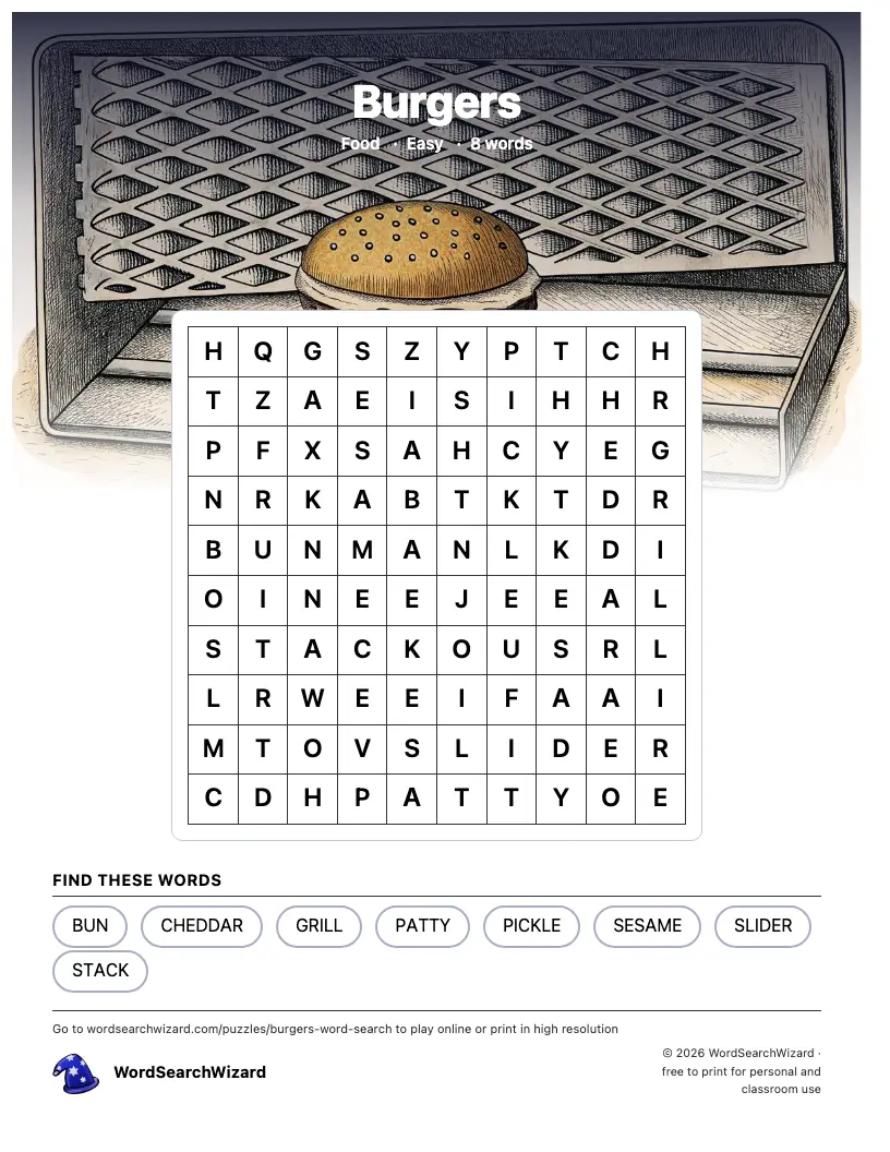 Burgers word search printable sheet, 8 words to find