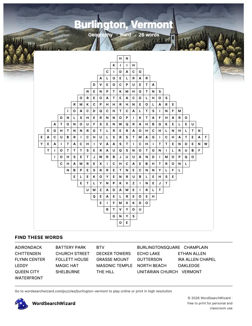 Burlington, Vermont word search printable sheet, 26 words to find