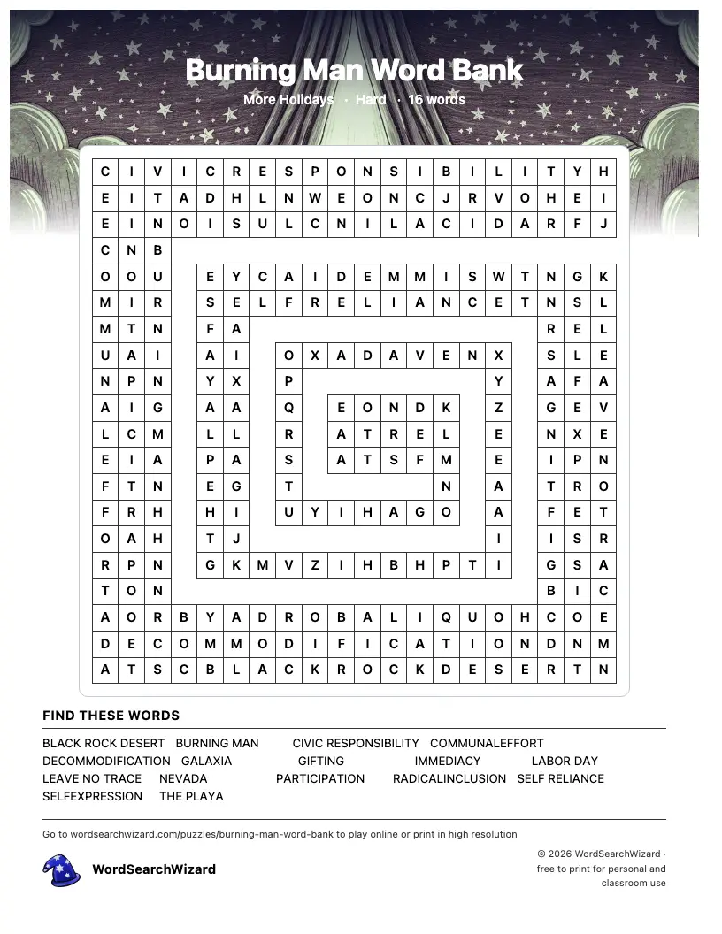 Burning Man Word Bank word search printable sheet, 16 words to find