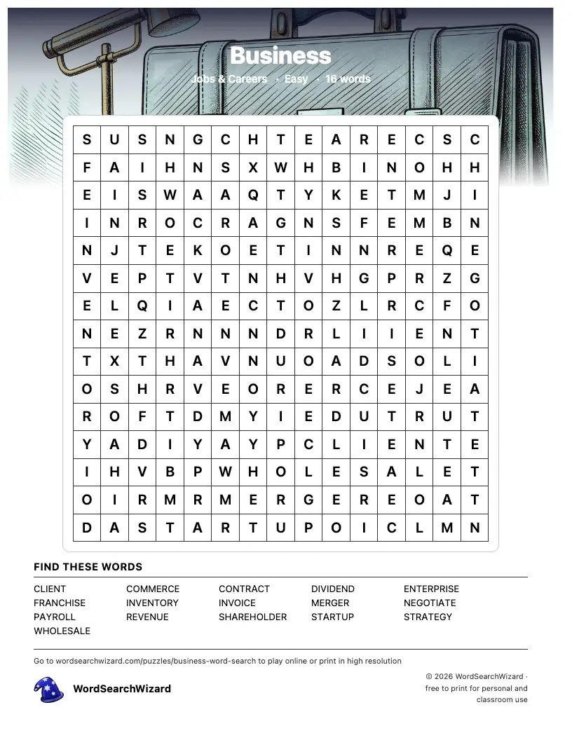 Business word search printable sheet, 16 words to find