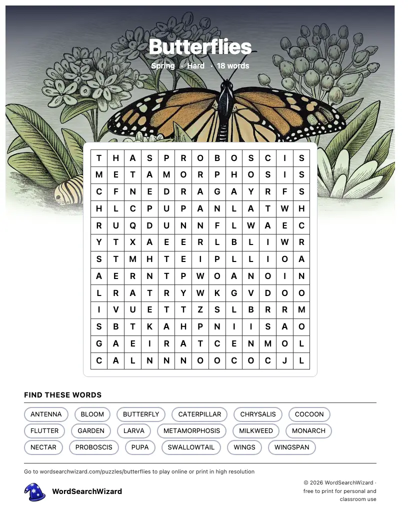 Butterflies word search printable sheet, 18 words to find