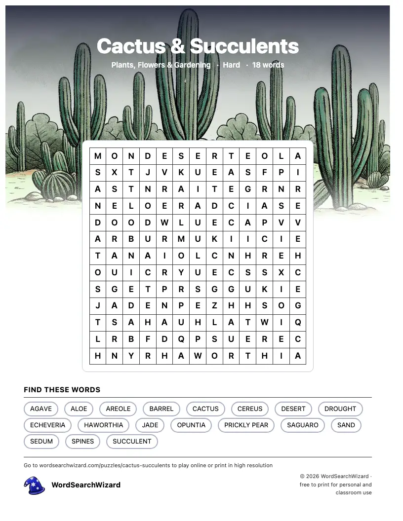 Cactus & Succulents word search printable sheet, 18 words to find