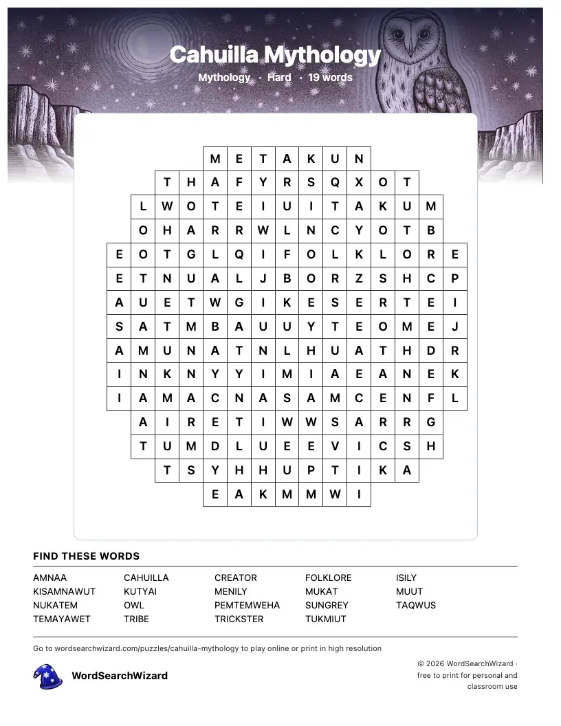 Cahuilla Mythology word search printable sheet, 19 words to find
