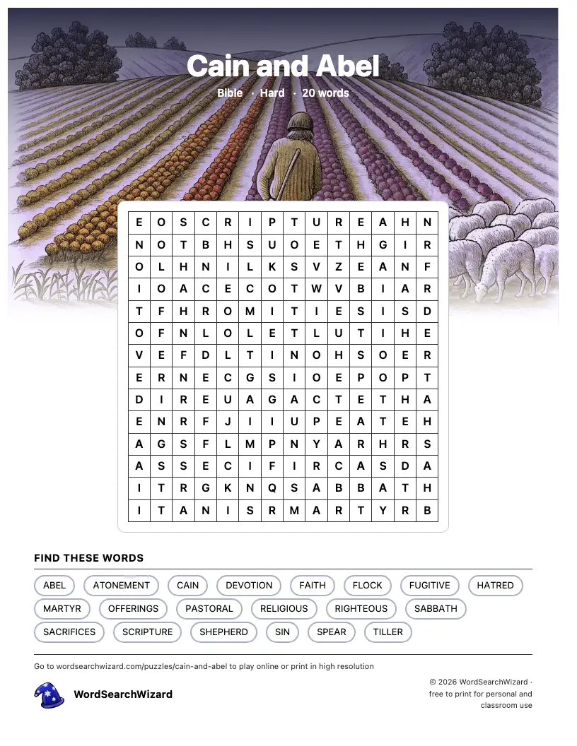 Cain and Abel word search printable sheet, 20 words to find