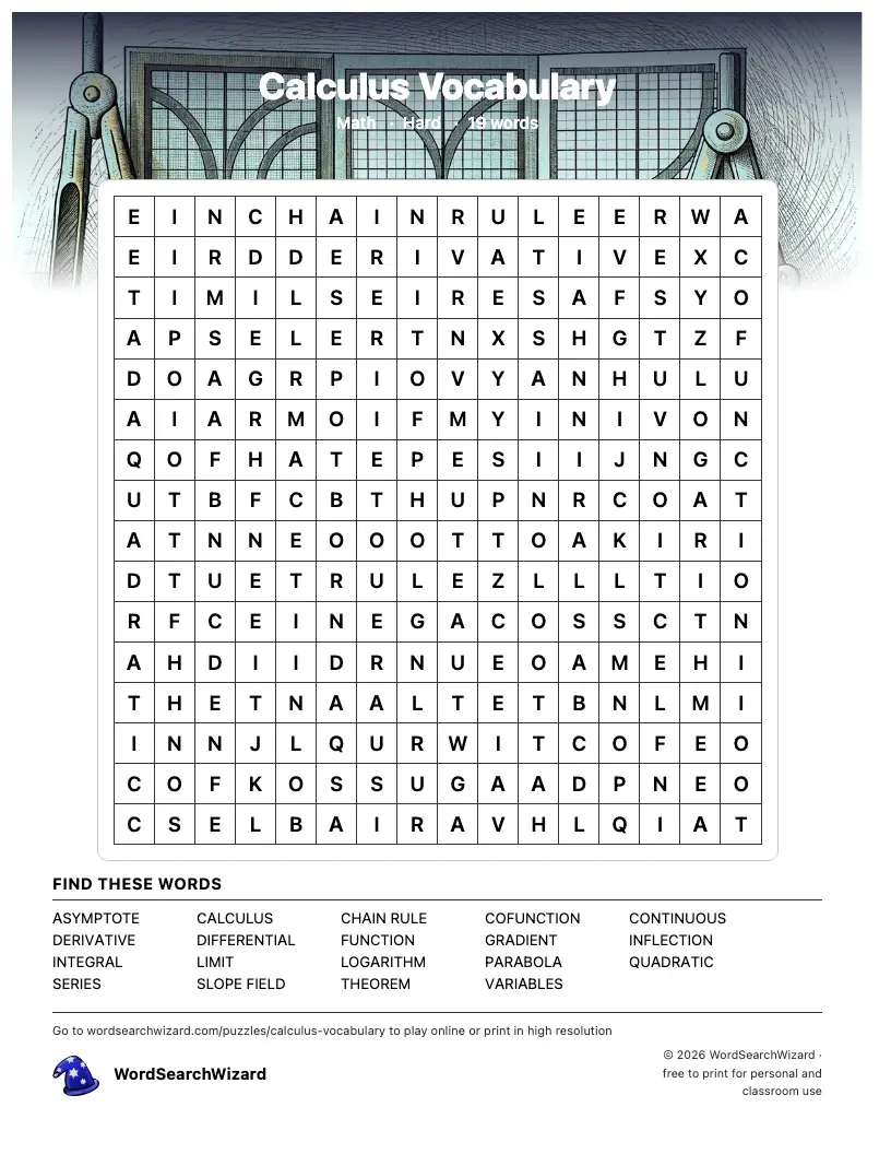 Calculus Vocabulary word search printable sheet, 19 words to find