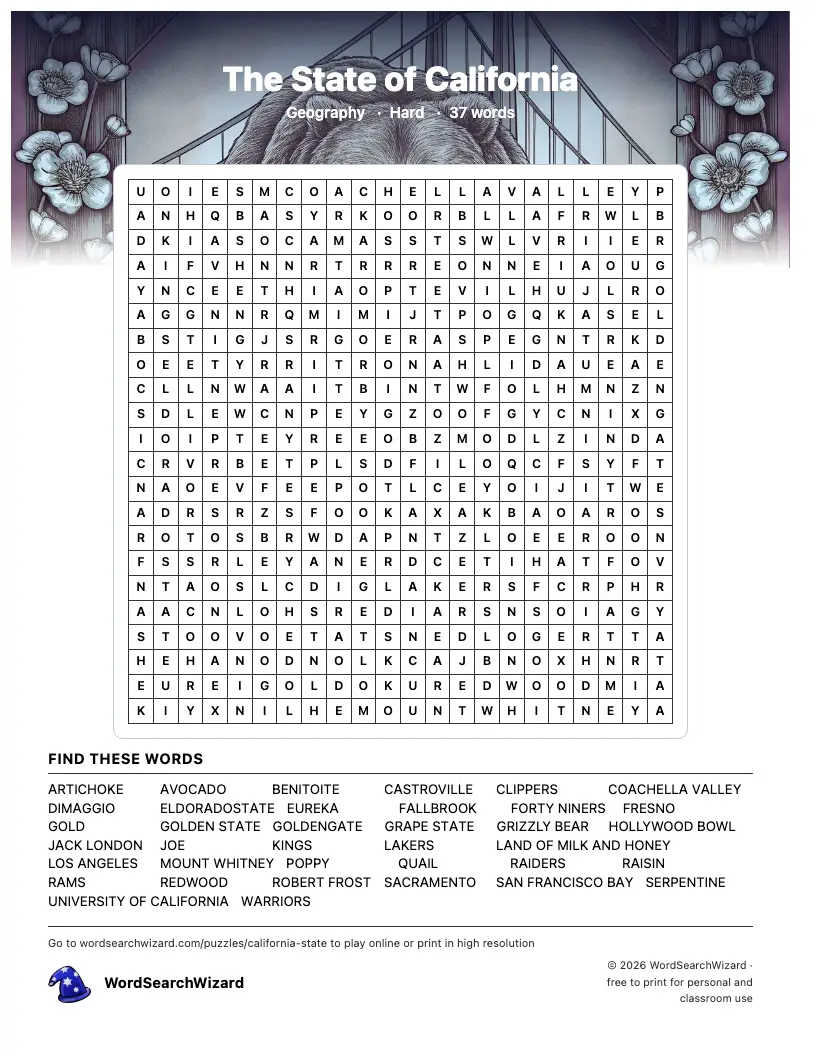 The State of California word search printable sheet, 37 words to find
