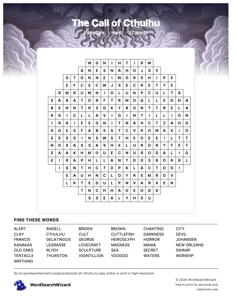 The Call of Cthulhu word search printable sheet, 37 words to find