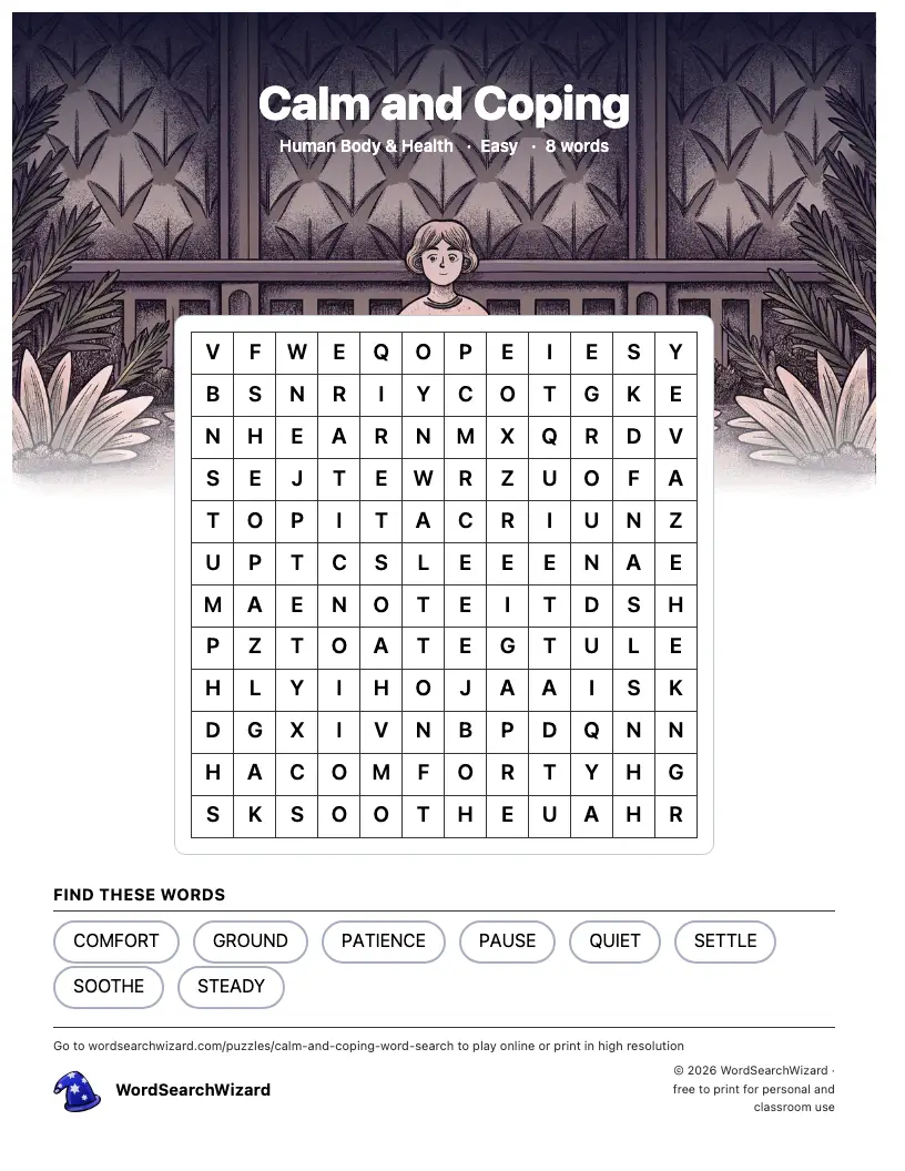 Calm and Coping word search printable sheet, 8 words to find