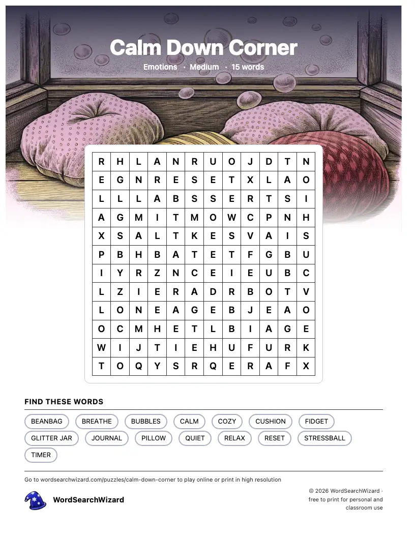 Calm Down Corner word search printable sheet, 15 words to find
