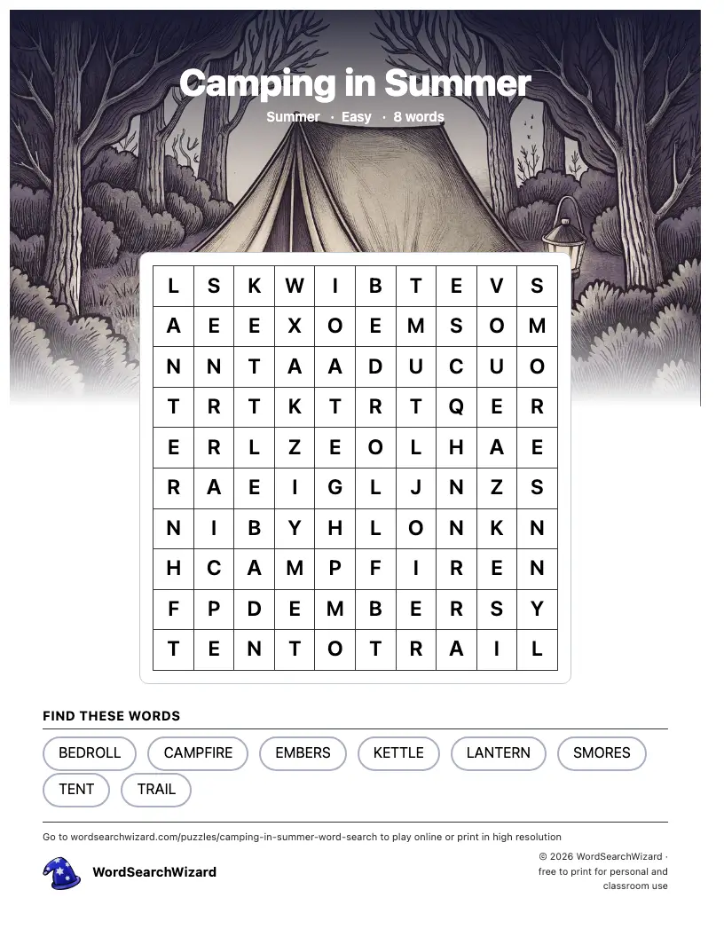 Camping in Summer word search printable sheet, 8 words to find