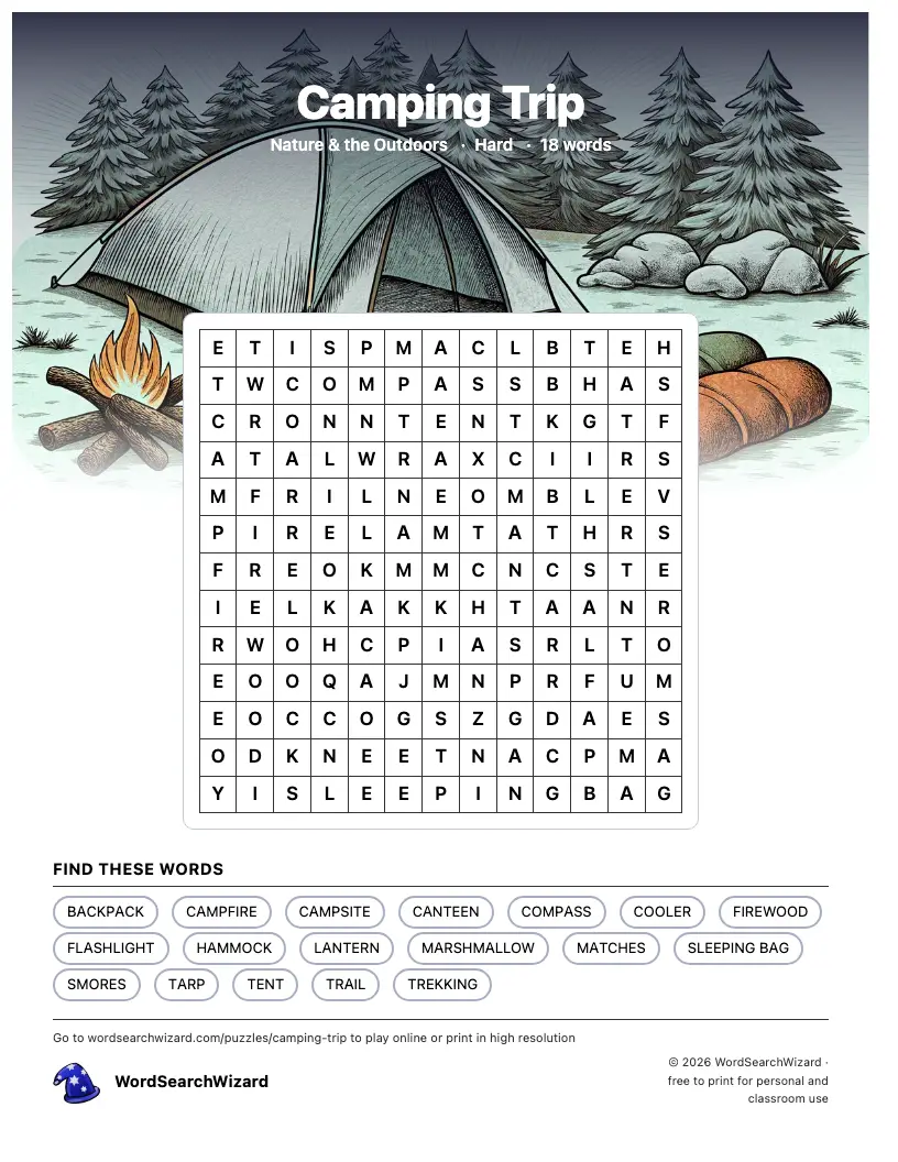Camping Trip word search printable sheet, 18 words to find