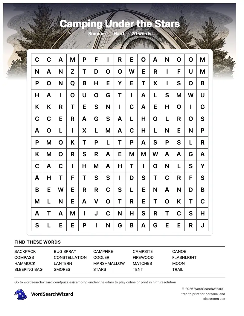 Camping Under the Stars word search printable sheet, 20 words to find