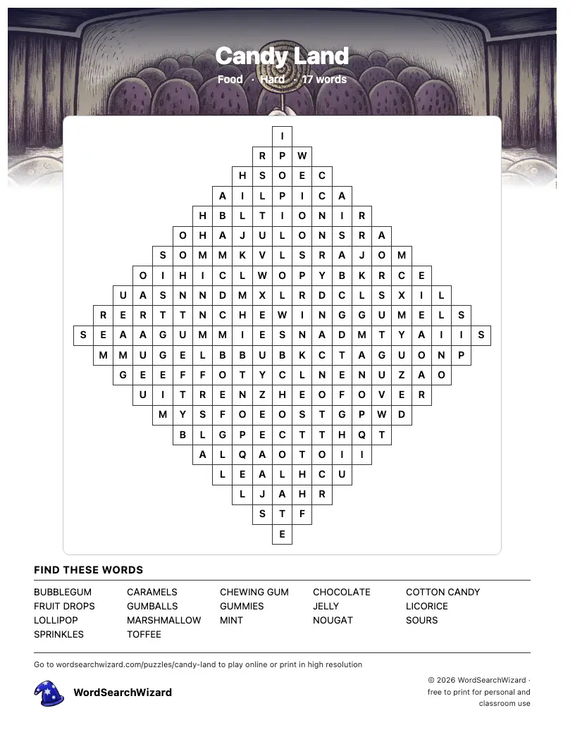 Candy Land word search printable sheet, 17 words to find