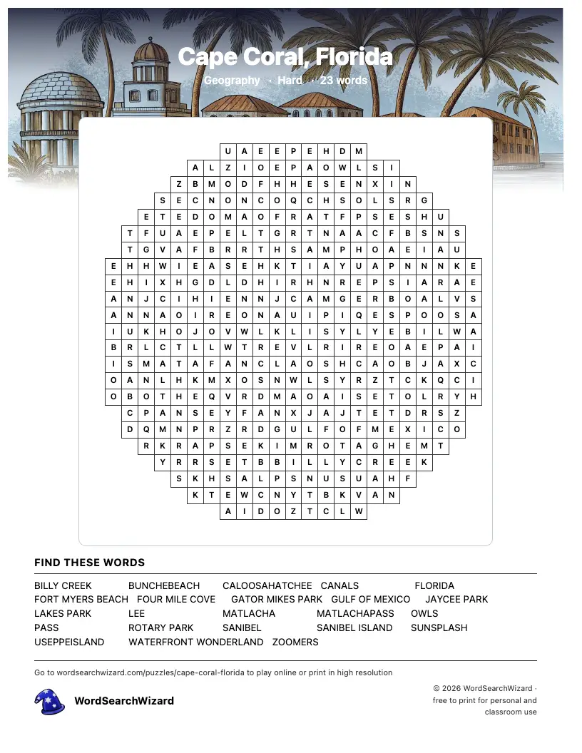 Cape Coral, Florida word search printable sheet, 23 words to find