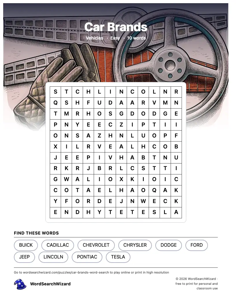 Car Brands word search printable sheet, 10 words to find