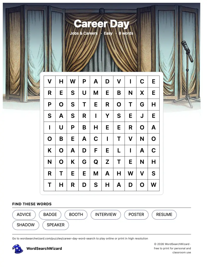 Career Day word search printable sheet, 8 words to find